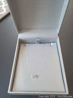Necklace displayed inside an open light grey textured jewelry box, showing chain and pendant.