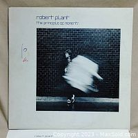 Front cover of Robert Plant The Principle of Moments vinyl album showing black and white photo of artist with motion blur effect and white border with blue text. Minor color pencil markings visible on cover.