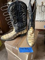 Pair of men's western boots with a distinctive snakeskin pattern on the foot and black leather upper with embroidery designs.