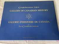 Blue portfolio cover with gold embossed text 'Confederation Life's Gallery of Canadian History Galerie d'Histoire du Canada'