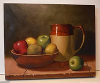 Oil still life painting showing red apple, green apples, yellow fruits in bowl with large two-tone ceramic pitcher on wooden surface, dark background.