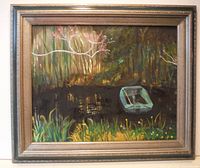 Full view of the oil painting titled 'Sunken Boat' by Mary Aboud showing a dark water scene with a partially submerged boat and surrounding forest background.