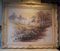 Frontal image of the entire oil on canvas painting depicting a woodland scene with a cluster of trees and a stream, signed Lydia Darius 1976, with a decorative off-white carved frame.