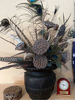 Front view of dried feather and lotus pod arrangement in dark metal pot showing intricate feathers and seed pods.