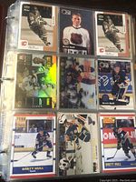View of a binder page containing 9 hockey trading cards mostly featuring Brett Hull and other St. Louis Blues players.