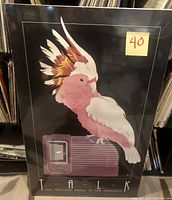 Full view of the poster showing pink Major Mitchell's cockatoo on a purple vintage radio and the word TALK with KGO NewsTalk Radio 81 San Francisco on black background.