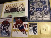 Photo showing 1959/60 Toronto Maple Leafs Stanley Cup finalists team photo and early 2000s Toronto Maple Leafs 16-signature poster on board.