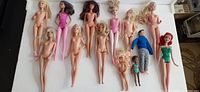Overview of 13 dolls on white surface revealing various Barbie dolls, one male doll, one small child doll, and one Ariel doll.