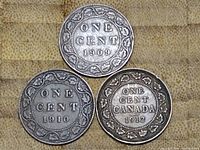 Obverse and reverse views of 1909, 1910, 1912 Canadian one cent coins showing denomination and years