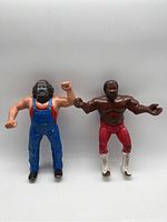 Front view of two vintage WWF action figures Hillbilly Jim and Junkyard Dog standing upright showing front details and colors.