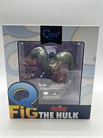 Front view of the boxed Hulk Q Pop figure with clear plastic display window showing the figure inside.