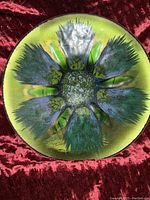 Top view photo of colorful blown glass plate showing star design in green, blue, and purple hues on yellow-green background.