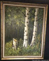 Framed original painting of birch trees and stump in a forest setting with green foliage.