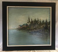 Front view of framed original painting showing the composition of cabin on island by water.