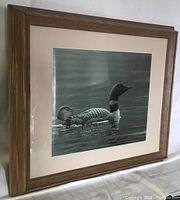 Framed print showing two loons on water, wooden frame and light matting visible.