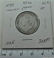 Front of the coin showing Queen Victoria's profile with inscriptions indicating Newfoundland and year 1899 with noted hooked 99 variety.