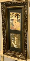 Vertical wood framed double art print with ornate gold detailing and two Alphonse Mucha style prints.