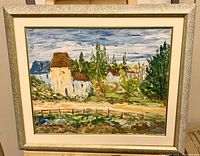 Front view of painting and decorative silver crackle-effect frame