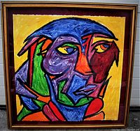 Front view of framed abstract portrait showing full artwork and frame