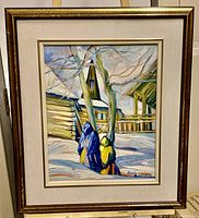 Full front view of framed oil painting depicting two cloaked figures in a snowy rural setting