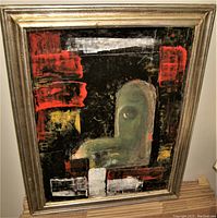 Full view of the abstract oil painting with visible frame, showing color palette and composition.