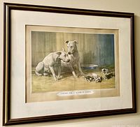 Framed art print showing two adult Bull Terriers and five puppies, titled 'Caesar's Wife - A Matter of Colour'.