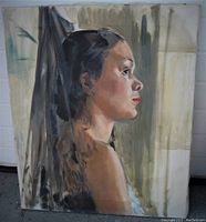 Front view of the oil painting showing the woman’s profile on canvas with visible texture and color details.