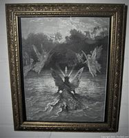 Frontal view of the framed black and white Gustave Doré art print depicting winged mythological figures with dramatic lighting and cloudy sky.