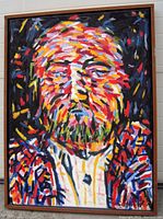 Front view of framed abstract head painting by David Cation against white wall