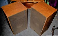 Front angle view of both speakers in wood cabinets with grille attached