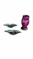 Pair of two green ceramic Blue Mountain Pottery candleholders and one pink glass and plastic retro candleholder