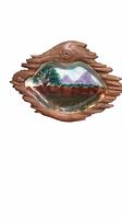 Front view of ceramic dish showing wood grain textured rim and painted landscape inside