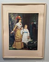 Full view of the framed print showing a Victorian-era scene with a woman and child; frame is light wood with visible warping and dings.