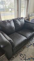 Front and top angled view of the loveseat showing overall condition and cushions.