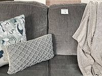 Close-up image showing two decorative pillows on a grey loveseat sofa with fabric upholstery.