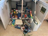 Under sink cabinet showing cleaning supplies and accessories spread on floor and shelf.