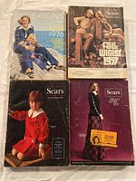 Five vintage catalogs laid out showing various fashion covers from Sears and Eaton's between 1965 and 1979.