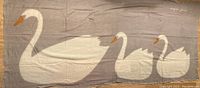 Light grey scarf with white swan family design on wool crepe fabric, 72 x 32 inches.