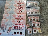 Five cardboard holders stacked showing Team Canada 2002 Official Pin Collection with images of hockey players and three featured players at bottom.