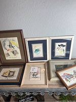 Seven framed bird artworks arranged on a table against a wall including multiple bird species and styles.