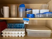 Shelved assortment of plastic food storage containers primarily in white and blue with lids, along with ice cube trays stacked below.