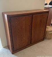 Front view of the wood cabinet showing wood grain and two paneled doors with hinges.