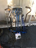 The lot items standing against a glass door in sunlight showing the full set of walkers, canes, and crutches with a box on the floor.