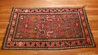 Top-down view of full oriental rug laid on wooden floor, showing overall size and pattern.
