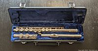 Buescher flute disassembled in a blue-lined black hard case showing headjoint, body, and footjoint.