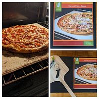Pizza set with in-use pizza stone baking a pizza, new pizza stone packaging, wooden pizza peel and pizza cutter on table.