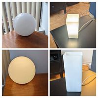 FADO globe lamp shown off and on, and GRN table lamp shown off and on on a dark table.