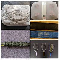Set of massaging and pain relief items including foot and back massagers covered in beige fabric with heat functions, 3 metal wire head-scratchers with colorful handles, green textured massage roller, and blue gel hot/cold pack.