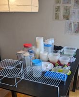 Wide-angle photo showing assortment of plastic containers with lids, pitchers, ice cube trays, and cupboard racks on a dark table.