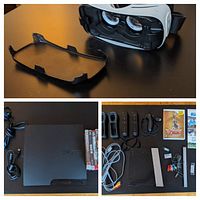 White and black Samsung Gear VR headset with front cover plate removed and displayed